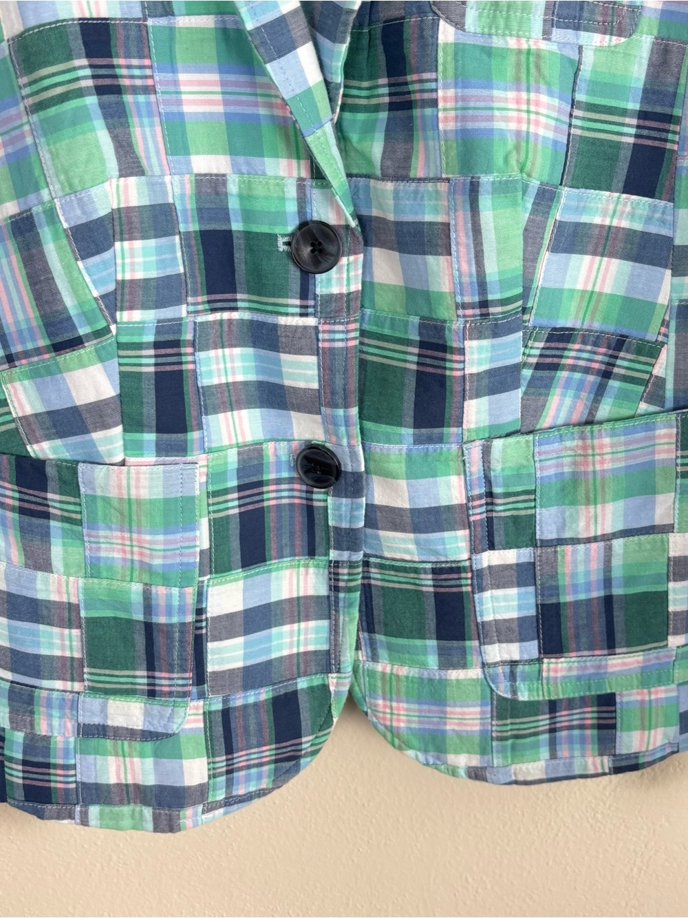 Talbots Summer Blazer Size 4 Madras Plaid Patchwork 100% Cotton Coastal Preppy - Picture 5 of 9